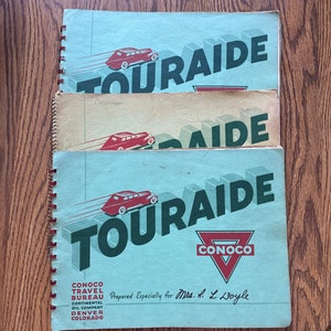 Conoco Touraide Travel Guide - Auswahl von 3 USA 1936 oder 1939 Straßenkarten Route Sehenswürdigkeiten Tourismus Vintage Info Fotos Volkszählung Touristenpapier