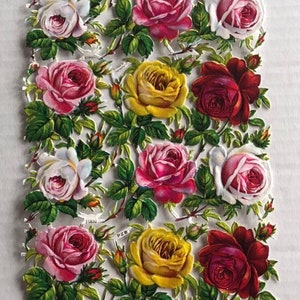 Vintage rozen gestanste bloemenschroot PZB gedrukt in Duitsland volledig vel = 18 rozen 2" x 1 3/4" elk, scrapbooking met reliëf, journaling kaarten maken