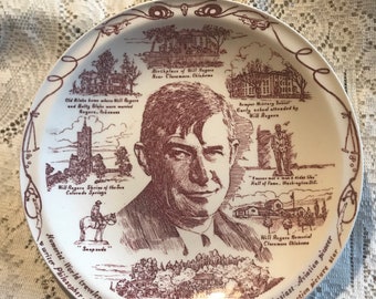 Will Rogers Commemorative Ceramic Plate  Vernon Kilns USA famous American 1879-1935  maroon cream 10 1/2” diameter