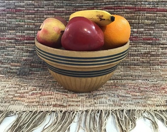 Antique Yellow Ware Crockery Mixing Bowl 6 Blue Bands as is Primitive Farmhouse Country Kitchen Decor Display 9 1/4”D, 4 3/4”T Collectible