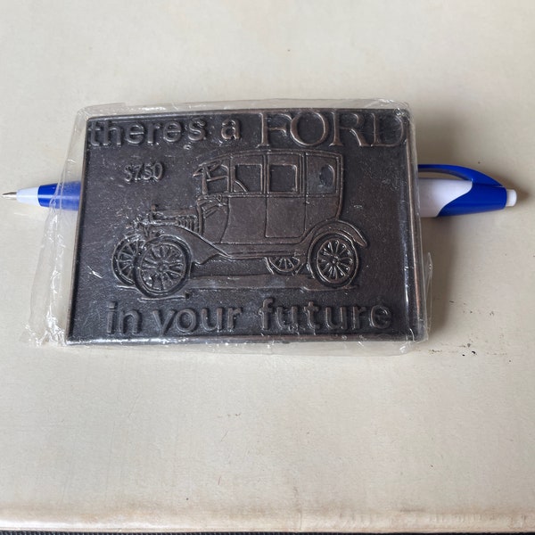 Model T Car Belt Buckle “There’s a Ford in Your Future” Brass Color Metal 3 1/2”x 2 1/2” Vintage Unisex Accessory Auto advertising Collector