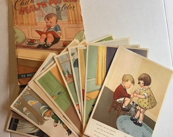 Carteles vintage de salud infantil del Servicio Educativo Kenworthy. Ilustraciones y poemas de Charles Twelvetrees, 1952. 11 carteles de 21,5 x 31,1 cm cada uno.