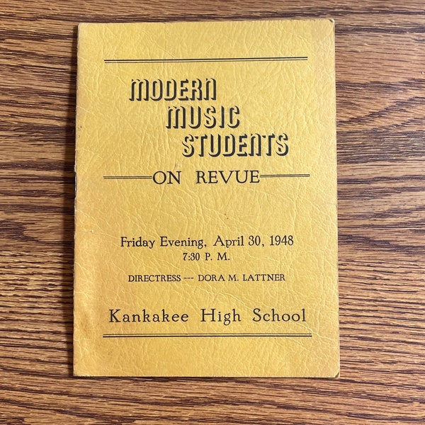 Vintage Kankakee High School Programm „Modern Music Studenten auf Revue“ 30. April 1948 Konzertbroschüre lokale Geschichte Ephemera aus Illinois