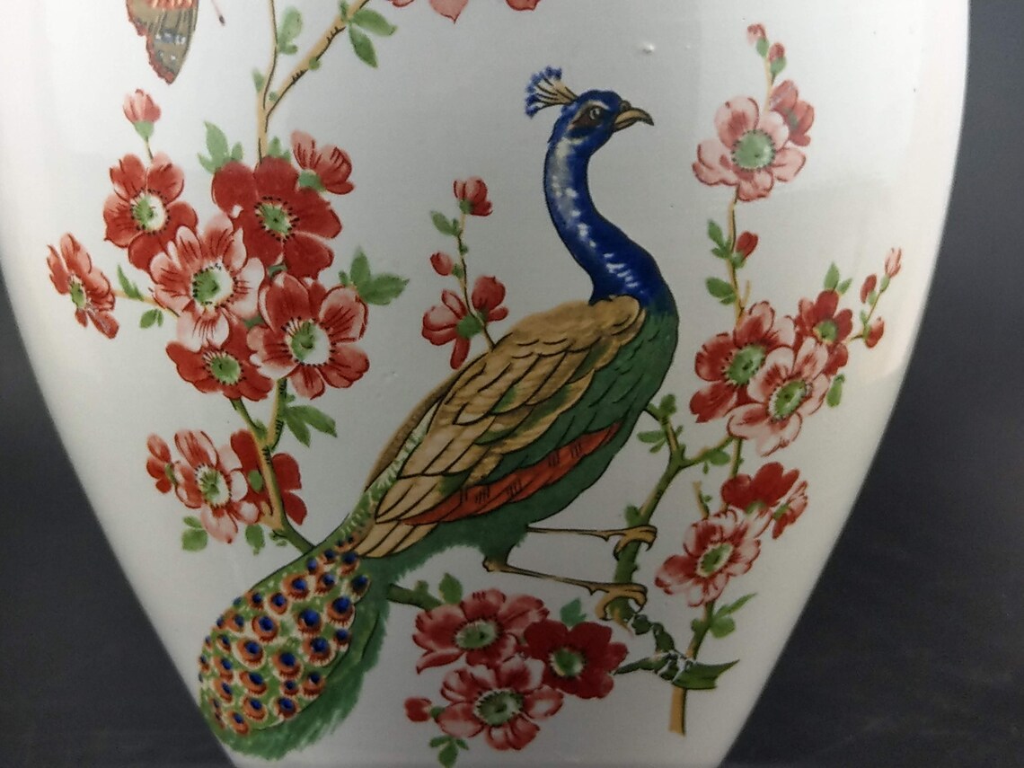 Chinese Porcelain Vase Peacock Floral Transfer Print Etsy