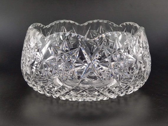 Large Cut Glass Crystal Salad Bowl With Star Pattern