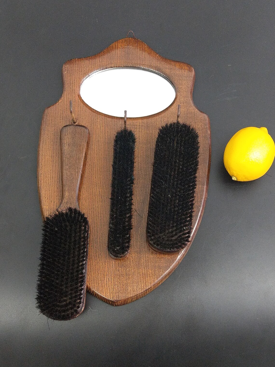 Clothing Brush Set With Oval Mirror Wooden Wall Mount Etsy