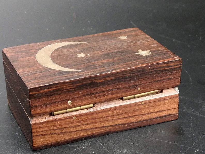 Vintage Wood Pill Box With Brass Inlay Stars and Moon