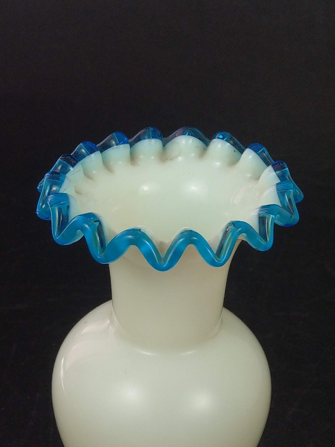 Uranium Milk Glass Vase With Ruffed Edge Fenton Aqua Crest 1 Etsy