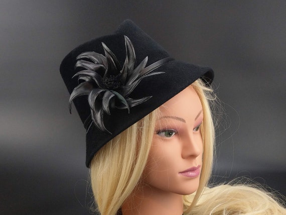 Vintage Whiteley Black Fur Felt Cloche 