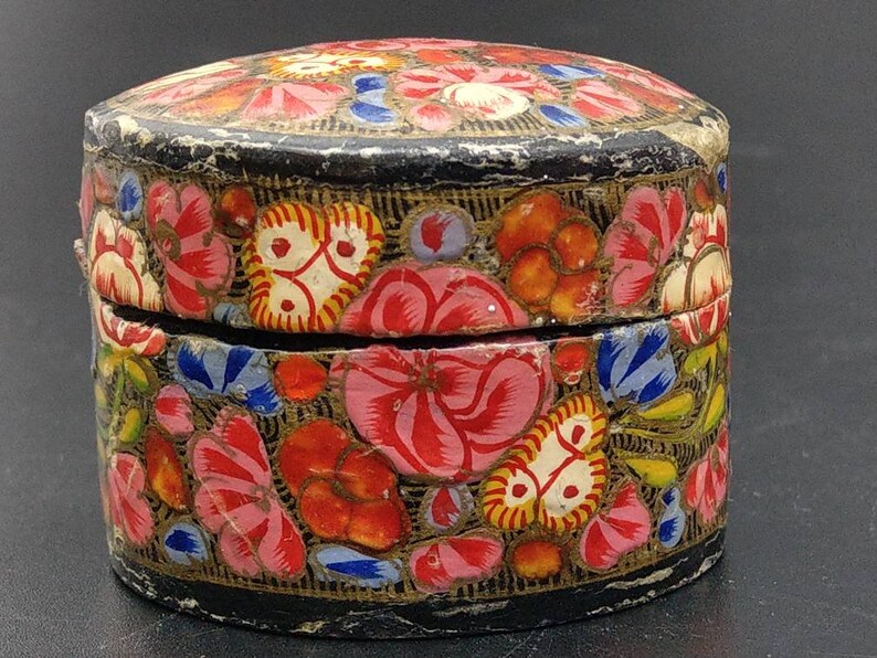 Paper mache Kashmir vintage Pink trinket box with floral Etsy