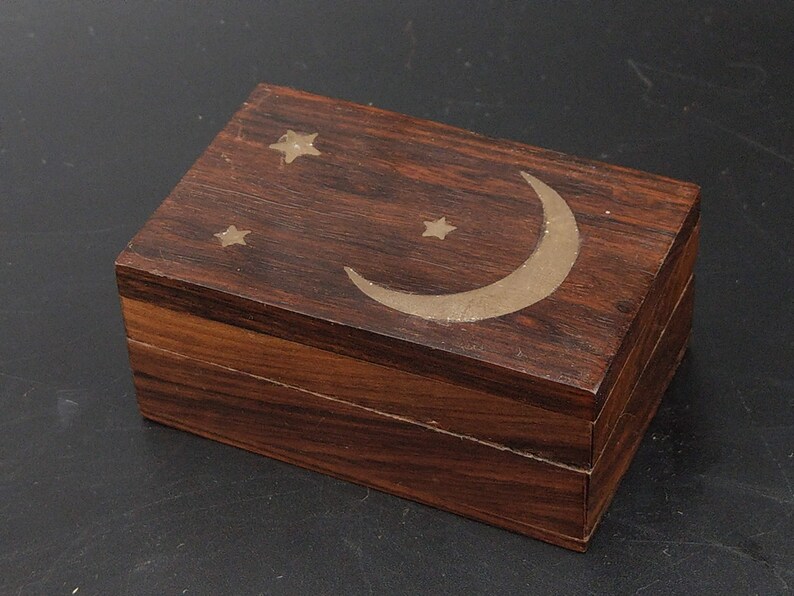 Vintage Wood Pill Box With Brass Inlay Stars and Moon