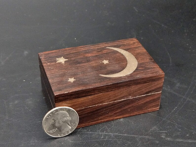 Vintage Wood Pill Box With Brass Inlay Stars and Moon