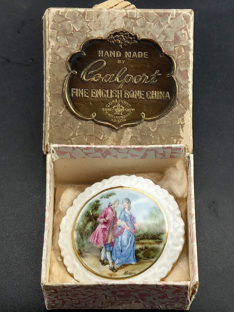 Antique Coalport Bone china brooch Fragonard scene with original box