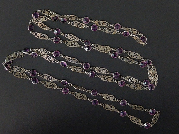 Edwardian White Metal Amethyst Glass Necklace Long
