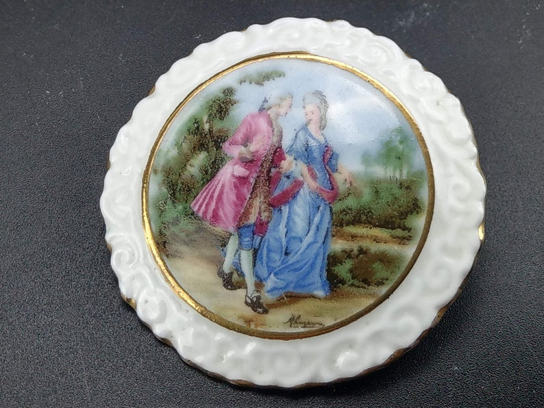Antique Coalport Bone china brooch Fragonard scene with original box