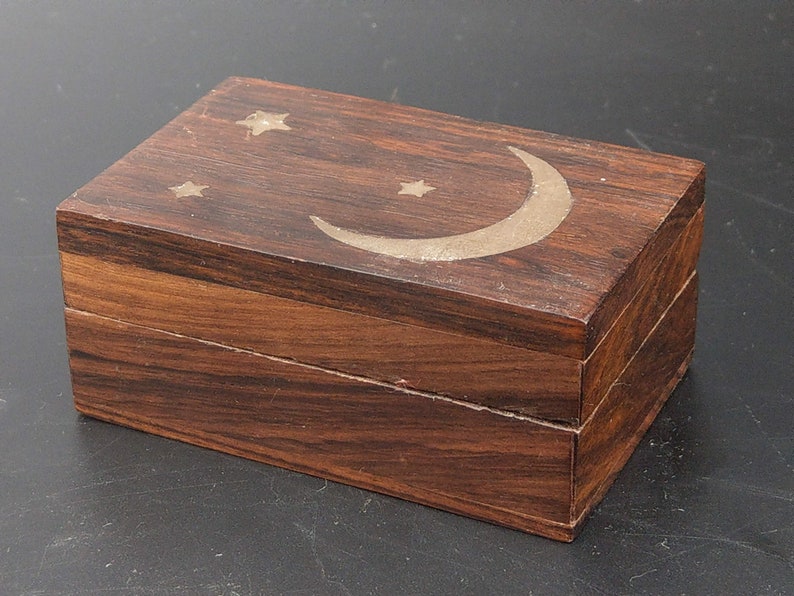 Vintage Wood Pill Box With Brass Inlay Stars and Moon