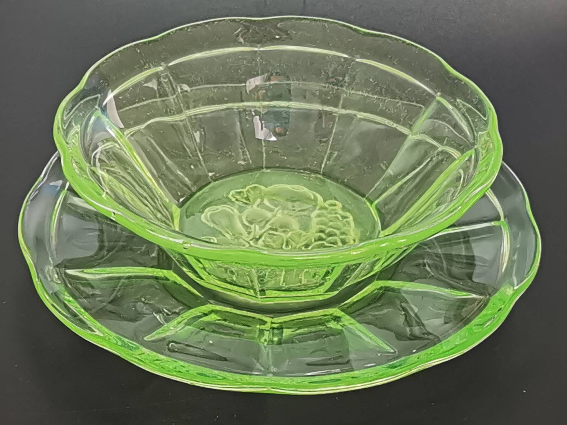 Uranium Glass Fruit salad bowl with underplate Etsy
