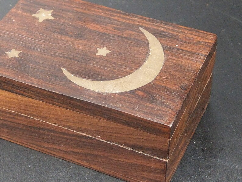 Vintage Wood Pill Box With Brass Inlay Stars and Moon