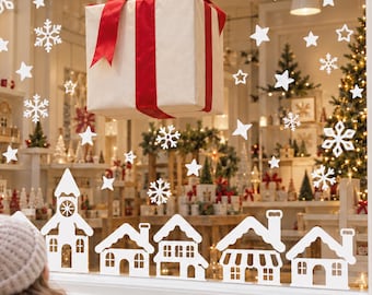 Snowy Village Window Clings • Pack of 8 • White Reusable Christmas Village Decorations • Self-Cling Glass Stickers