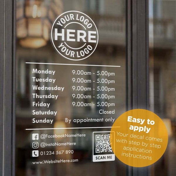 OPENING HOURS with QR Code and custom business logo | Shop owner sign for glass door window | Vinyl Sticker Decal | Type 7