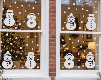 Snowman Window Clings • Pack of 8 • White Reusable Christmas Decorations • 100mm high