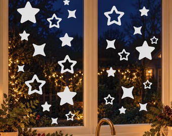 White Christmas Star Window Clings • Pack of 14 • Reusable Festive Glass Decorations • 40–85mm