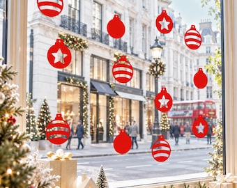 Christmas Bauble Window Clings • Pack of 10 • Red Reusable Christmas Decorations • 80mm Self-Cling Glass Stickers