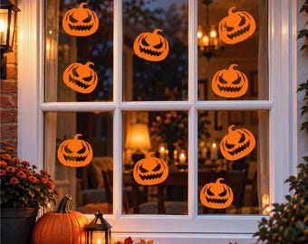 Orange Pumpkin Face Window Decals • Halloween Vinyl Stickers • Pack of 6
