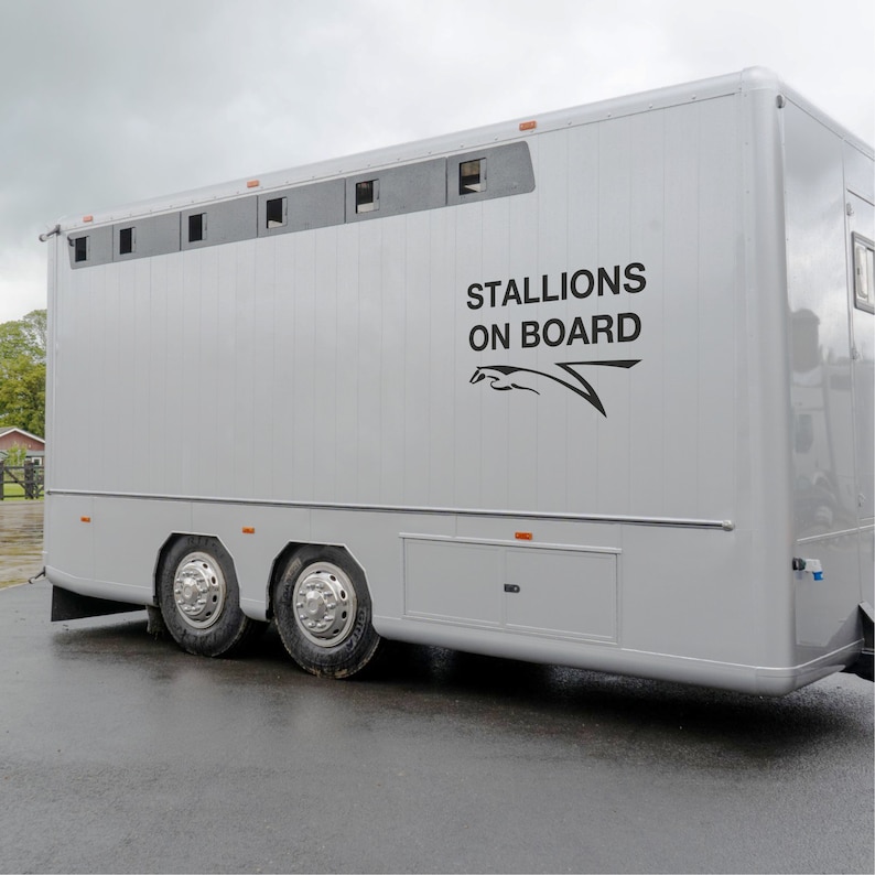 STALLIONS ON BOARD Equestrian Stud Horsebox Pony Trailer Equestrian Vinyl Decal Sticker image 1