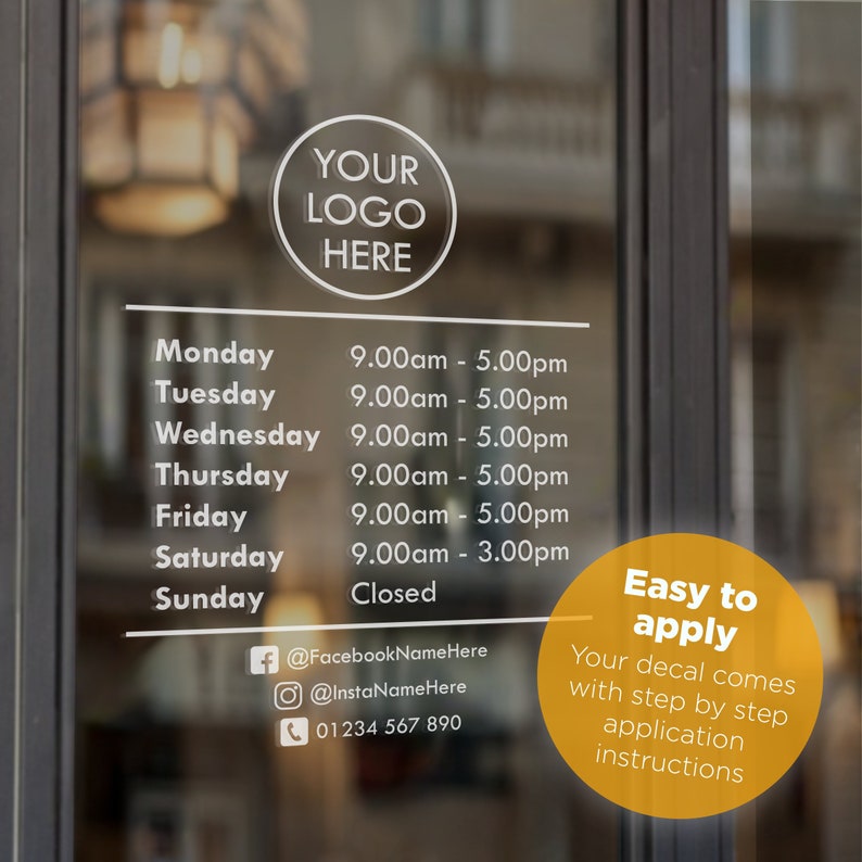 OPENING HOURS with Custom Business Logo Shop Owner Open Closed Window Door Vinyl Sticker Decal Type 5 zdjęcie 5