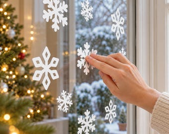 White Snowflake Window Clings • Pack of 14 • Reusable Christmas Window Decorations • 45–85mm