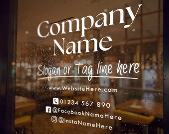 Könnte beinhalten: Ein weißes Schaufenster-Schild mit dem Text "Company Name", "Slogan or Tag line here", "www.WebsiteHere.com", "01234 567 890", "@FacebookNameHere" und "@InstaNameHere".