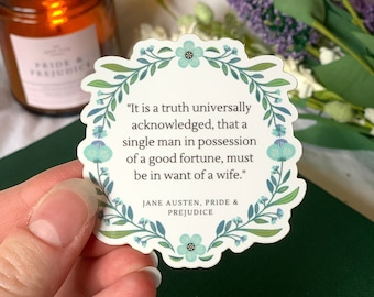 Pegatina de Orgullo y Prejuicio con cita de Jane Austen: «Es una verdad universalmente reconocida».