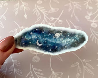 Moon and Saturn Shimmery Space Watercolor Sticker