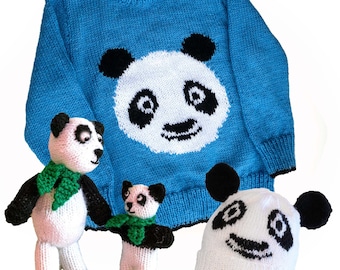 Panda head sweater knitting pattern with hat and toy - PDF download - sizes 22 to 26 inch chest