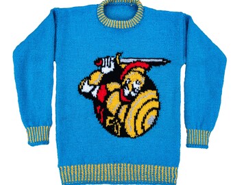 May include: A blue knitted sweater with a yellow and red Roman soldier design. The sweater is made with double knitting yarn and fits a 24-30 inch chest. "Roman Soldier Sweater" and "designs by Linda Moorhouse" are printed below the image.