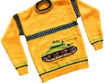 Army Tank motif child's sweater with fair-isle trim - PDF knitting pattern - infantry - combat - intarsia