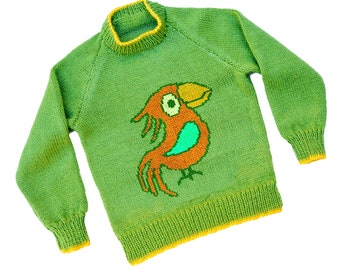 Children's Parrot motif sweater knitting pattern - sizes 26 to 32 inches - round neck with raglan sleeves - PDF download - bird