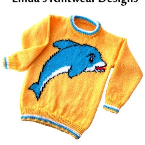 Children's dolphin motif sweater knitting pattern, sizes 22 to 30 inch chest, PDF document, sea mammal