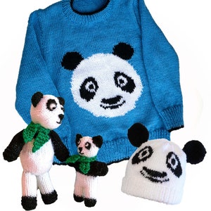 May include: A knitting pattern for a blue panda sweater, hat, and two panda toys. The pattern is for a sweater that fits a 22-26 inch chest. The pattern is called "Panda Sweater, Hat & Toys" and is by Linda Moorhouse.