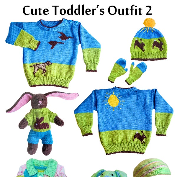 Rabbit and Pointer dog motif sweater - rabbit toy, jacket, hat, cap, mittens  - Cute Country Toddler's Outfit 2 - PDF Knitting Pattern