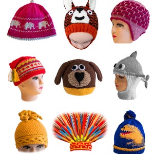 May include: Nine different knitted hats for children, featuring animal designs, geometric patterns, and a colorful feather headdress. The hats are made with double knitting yarn and are suitable for ages 2-5 years.