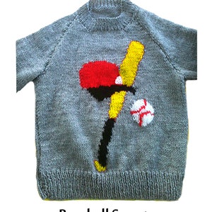 May include: A grey knitted sweater with a baseball-themed design. The design features a red baseball cap, a yellow bat, and a white baseball. The sweater is for a 24-32 inch chest. "Baseball Sweater" and "Double Knitting" are written on the image.