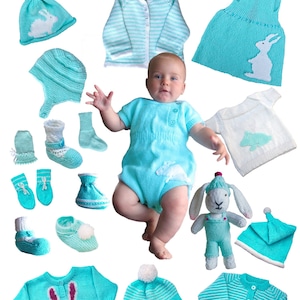 May include: A collection of knitted baby outfits in a light blue color with white accents. The outfits include a hat, sweater, dress, and a knitted bunny toy. The text "Cute Baby Outfits in 4 Ply" and "designs by Linda Moorhouse" are visible in the image.