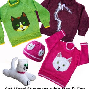 Children's cat head motif sweater knitting pattern - with raglan sleeves or fitted sleeves - English PDF download - Outline of cat sweater