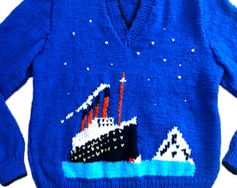 Children's and Adult Steamship motif sweater knitting pattern, sizes: 26 to 32 inch chest - PDF download