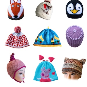 May include: A collection of ten knitted hats for children, featuring various animal and cartoon designs. The hats are made with double knitting yarn and are designed to fit ages 2-5 years. The hats include a fox, a penguin, a robin, a pig, a unicorn, and more.