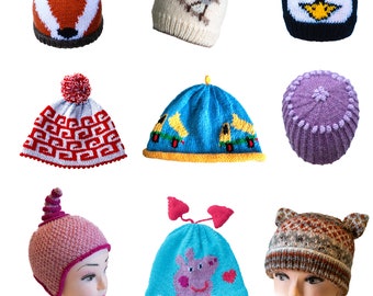 Cute hats to knit for children 3 - PDF knitting pattern - Robin fox penguin, dump truck, pixie hat, pig, spiral, bobbles, pixie, animal skin