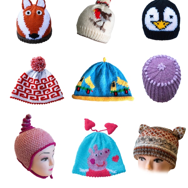 Cute hats to knit for children 3 - PDF knitting pattern - Robin fox penguin, dump truck, pixie hat, pig, spiral, bobbles, pixie, animal skin