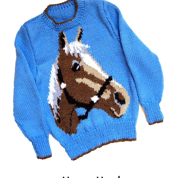 Modèle de tricot pour chandail à motif de tête de cheval pour enfants et adultes, tailles de poitrine de 24 à 38 pouces - Téléchargement PDF